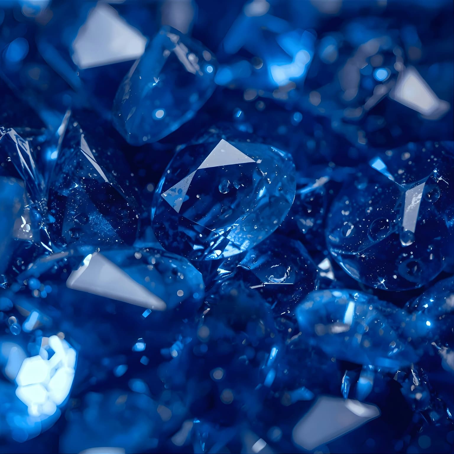 A close-packed parcel of faceted blue stones filling the frame, lit so the facets catch the light at different angles